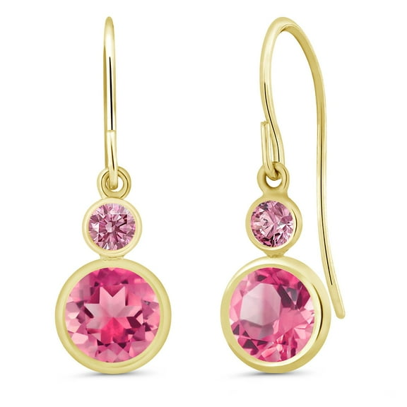 Gem Stone King 14K Yellow Gold Pink Mystic Topaz and Pink Lab Grown Diamond Drop Dangle Earrings for Women (3.26 Cttw, Gemstone November Birthstone, Round 6MM and 3MM)