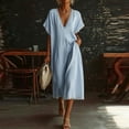thumbnail image 2 of LNWUY Women's V Neck Linen Maxi Dress with Lace Trim Short Sleeve Solid Color Loose Pocket Long Dress Summer Casual Beach Dress Blue XXXL, 2 of 6