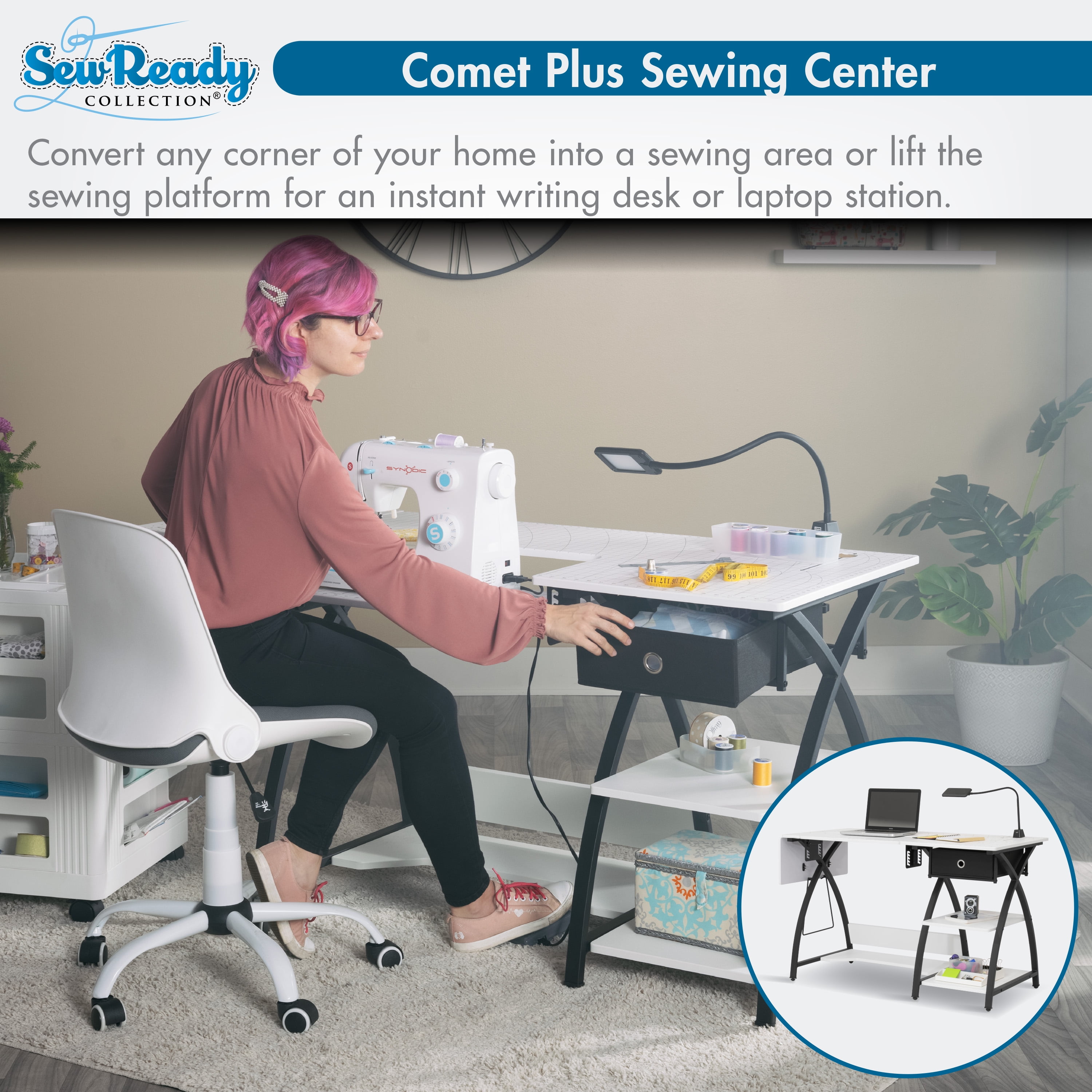 Sew Ready Comet Sewing Table with Height Adjustable Platform, Storage and Grid Top for Cutting
