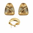 thumbnail image 2 of 18K Yellow Gold open Curb Lines and two Satin Curb  Lines Design wide earrings with omega backs W-0.65 inch, 2 of 3