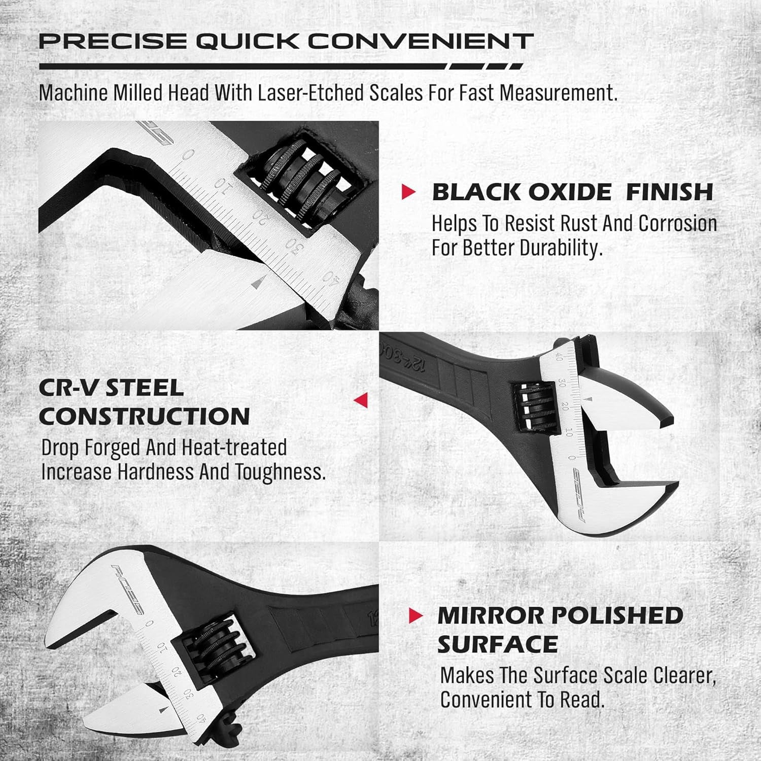RGHJAR-12-Inch Adjustable Wrench, Black Oxide Finish Wide Jaw Spanner with Inch/Metric Scale, Premium Drop Forged Steel for Automotive Plumbing and Household Repairs