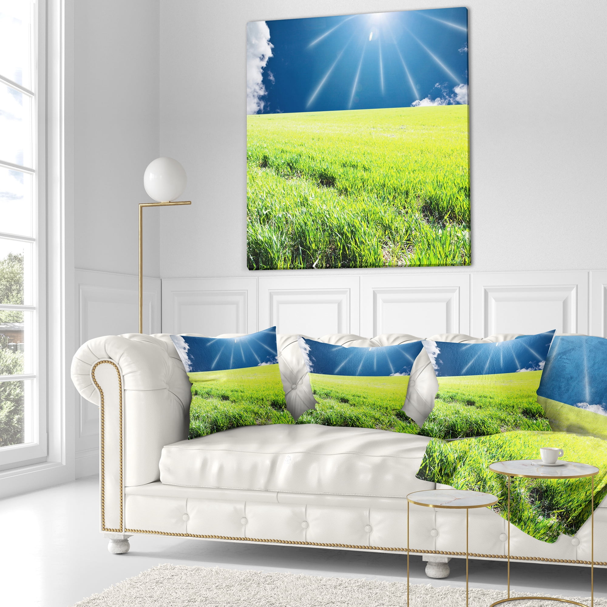 Designart Sunny Field with Green Grassland - Landscape Printed Throw Pillow - 18x18