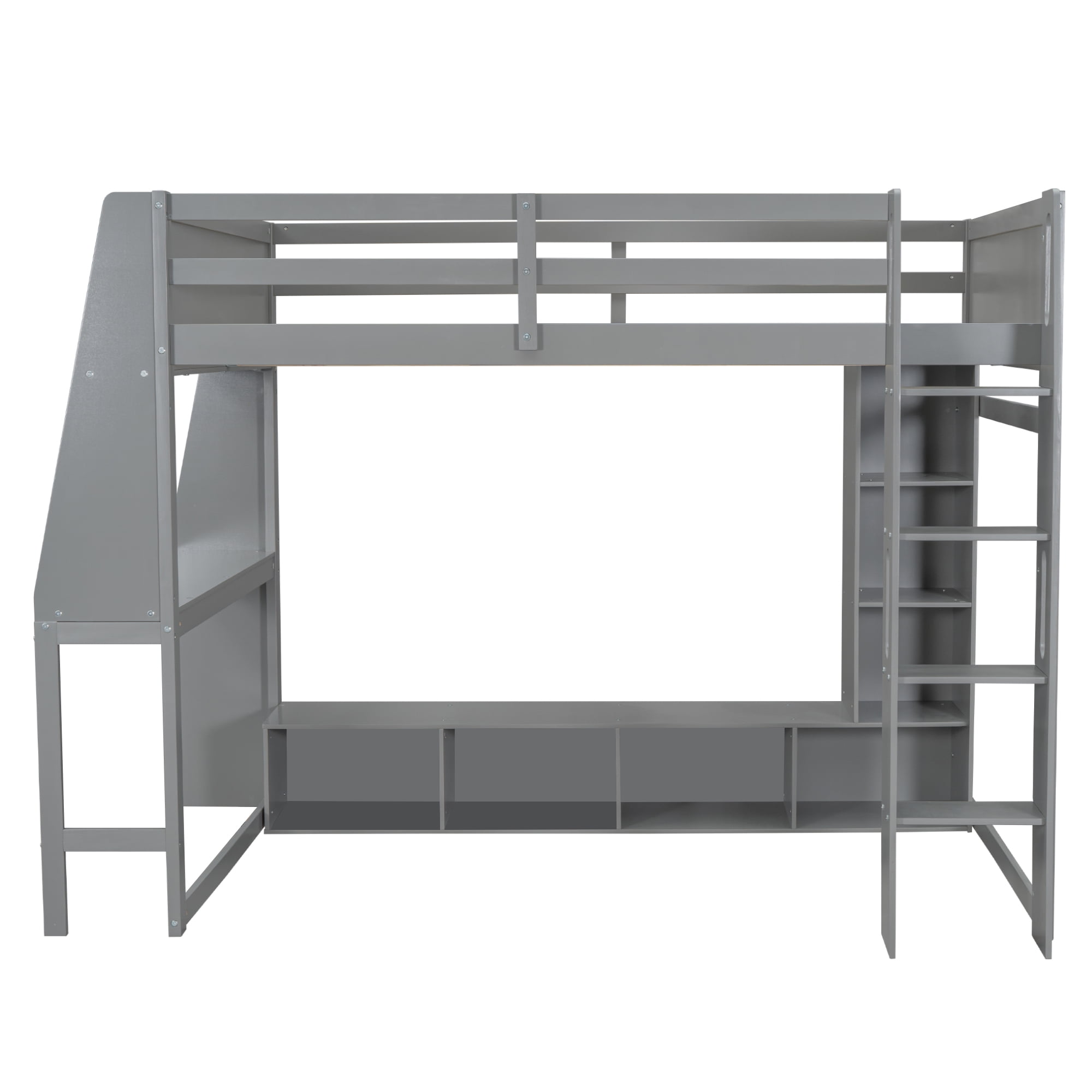Euroco Wood Full Size Loft Bed with Desk and Shelves, Gaming Bed with LED Light and Clothes Rack for Kids Teens, Gray