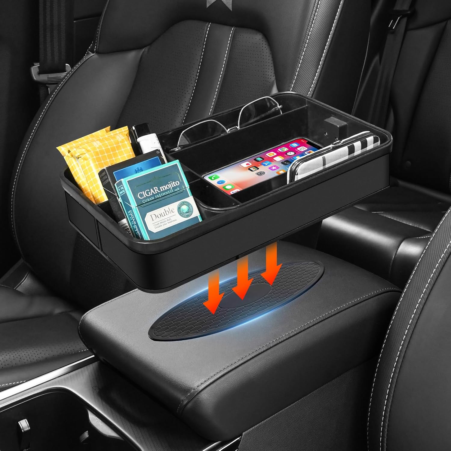 Car Armrest Extra Storage Box,Center Console Organizer,Dash Mount Phone Holder,Auto Rear Front Seat Organizer Tray, Small Caddy for Key,Sunglass,Wallets (Black)