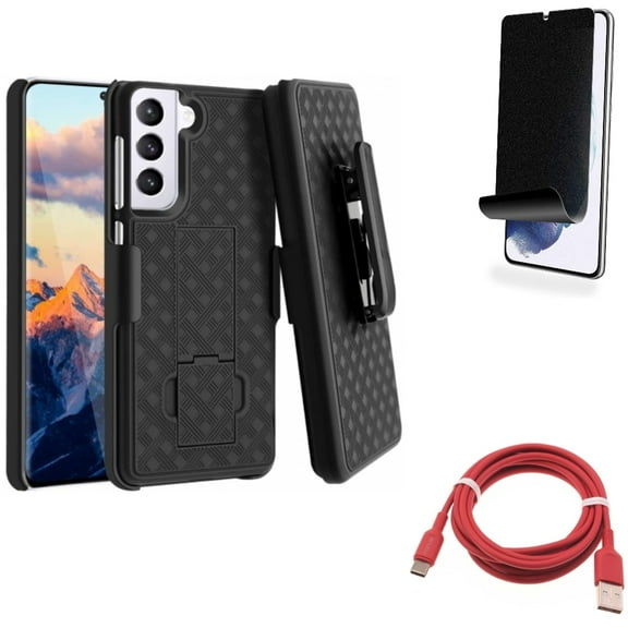 For Samsung Galaxy S21 (6.2") - Swivel Holster Case Belt Clip   [Fingerprint Works] TPU Film Privacy Screen Protector   Charger Cord Red 6ft USB-C Cable