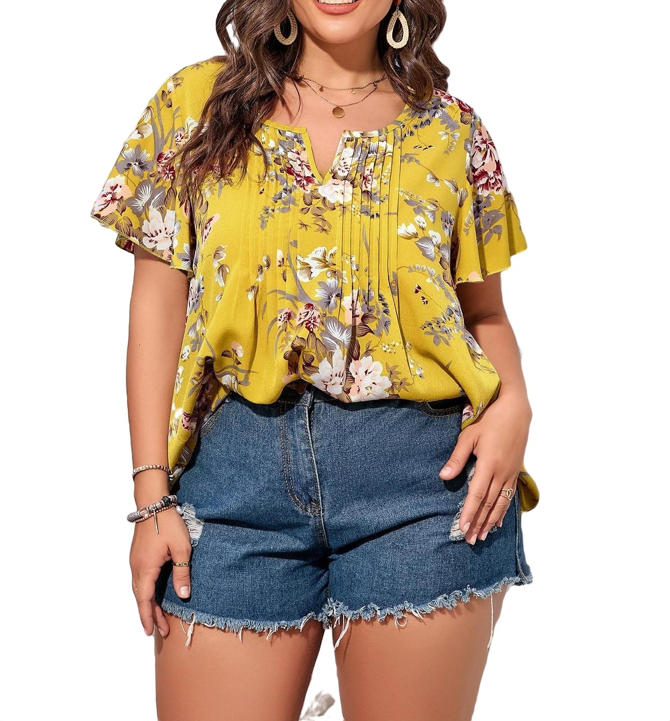 Boho Floral Notched Neck Top Short Sleeve Yellow Plus Size Blouses