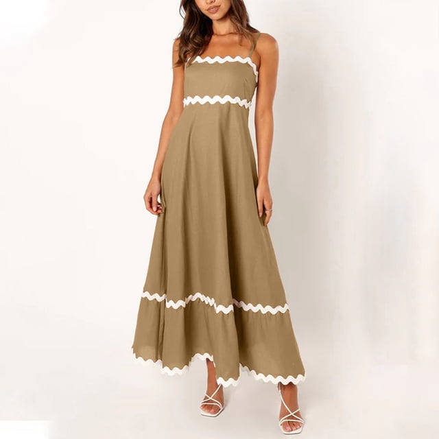 EGNMCR Robes d'Été Femmes Tendance 2024 Robe Décontractée Confortable Couleur Haut Poitrine Mi-Longue Robe Col Robe