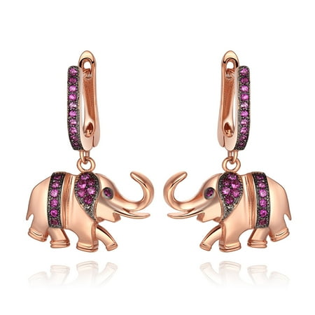Elephant Earings - Lucky and Cute Trunk Up Elephant Charms Amulets Royal Pink Sparkling Crystals Gold-Tone Fashion Earrings