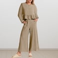 thumbnail image 4 of Pantalones Conjuntos de salón de otoño para mujer Traje casual de 2 piezas con dobladillo con volantes Traje diario de pierna ancha Kuymtek Caqui L para Mujer, 4 of 6
