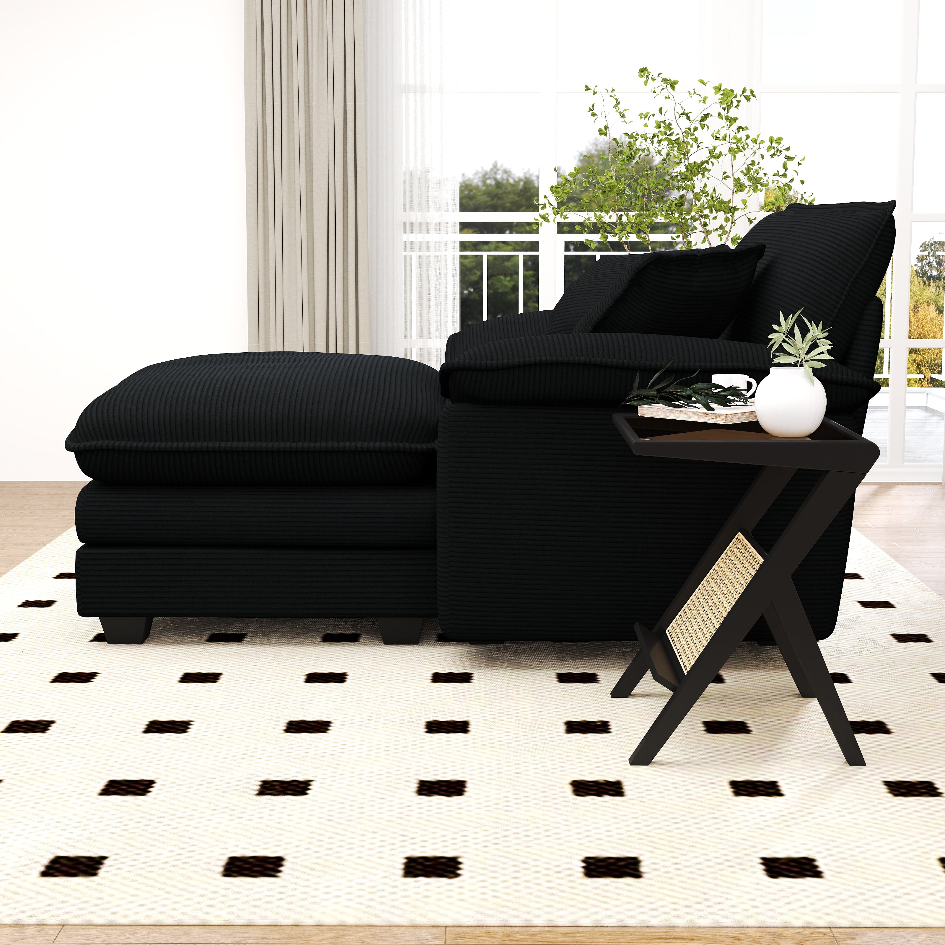 Lunale Oversized Lounge Chair & Ottoman Set - 48" Cloud Corduroy Accent Armchair for Modern Living/Bedroom, Black Corduroy