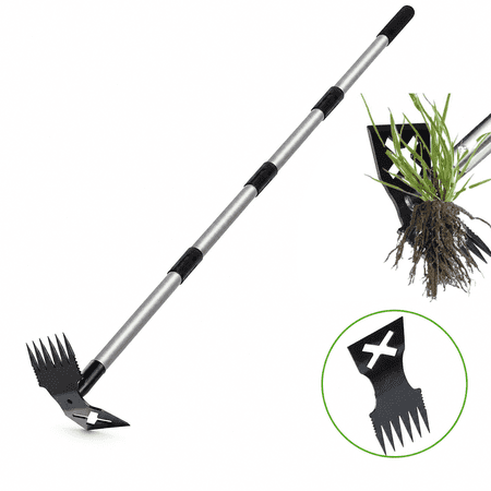 2 in 1 Garden Weeding Tool with 60 Inch Long Handle, Heavy Duty Steel Head Manual Weed Puller, Multifunctional Weed Rake & Hoe for Yard Lawn Patio Driveway, Great for Root Removal and Soil Loosening