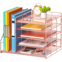 Desk Organizer with File Holder, 5-Tier Paper Letter Tray, Mesh Desk Accessories, Magazine Holder, Desktop Organizer and Storage for Office Supplies, Rose Gold