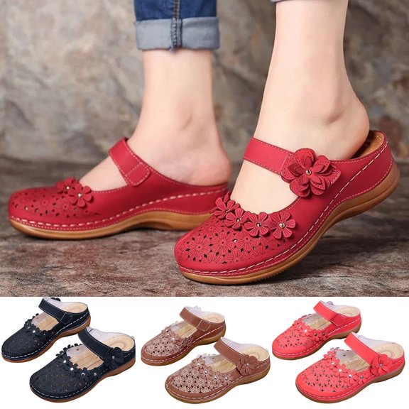LangJing Sandals Womens, Mules for Women Dressy Summer Closed Toe Wedge Sandals Casual Slip On Comfortable Slides Cute Sandal Red,38