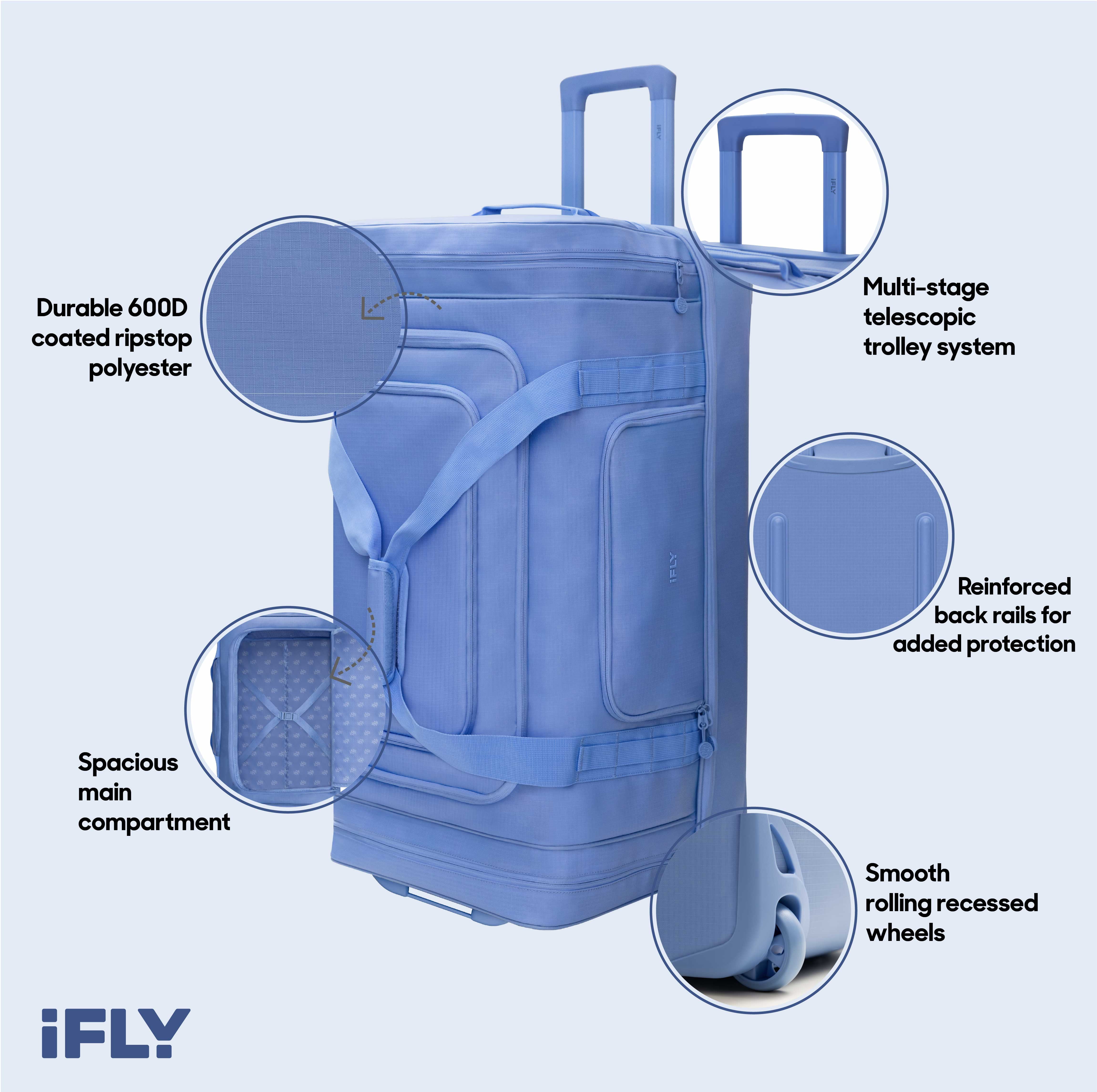 iFLY Sac de Voyage à Roulettes 30" avec Compartiment Inférieur – Grand Duffel, Bleu Givré