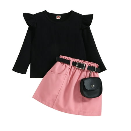 

Qufokar Sweat Outfits for Kids Teens Outfits Toddler Girls Ruffles Long Sleeve Ribbed Tops And Skirts Belt Waist Bag Outfits
