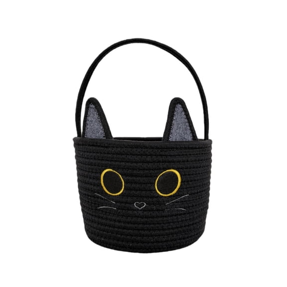 Halloween Cotton Rope Woven Basket with Handles, Cute Cat Ear Candy Snack Tote, Durable Portable Storage Organizer for Party Decor Holiday Gift,Black