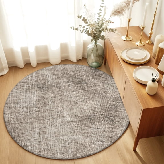 Round Rugs 4Ft, Brown Beige Round Area Rug Washable Indoor Throw Carpet, Farmhouse Linen Texture Soft Non Slip Circle Rug for Kitchen Nursery Room Home Decor