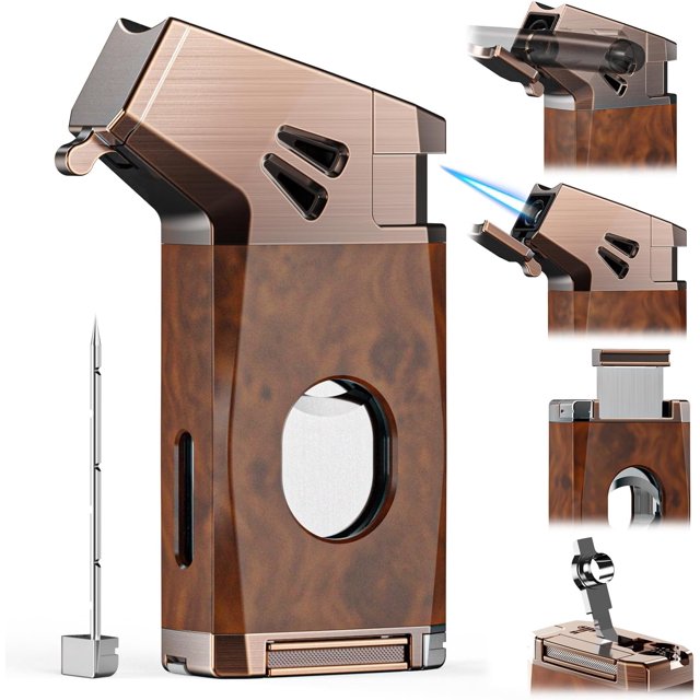 5-in-1 Torch Lighter with Straight Cutter, Punch, Holder, Draw Enhancer Tool, Windproof Jet Flame Lighter, Butane Refillable Torch Lighters, Butane Lighter Gifts for Men, Multifunctional Accessories
