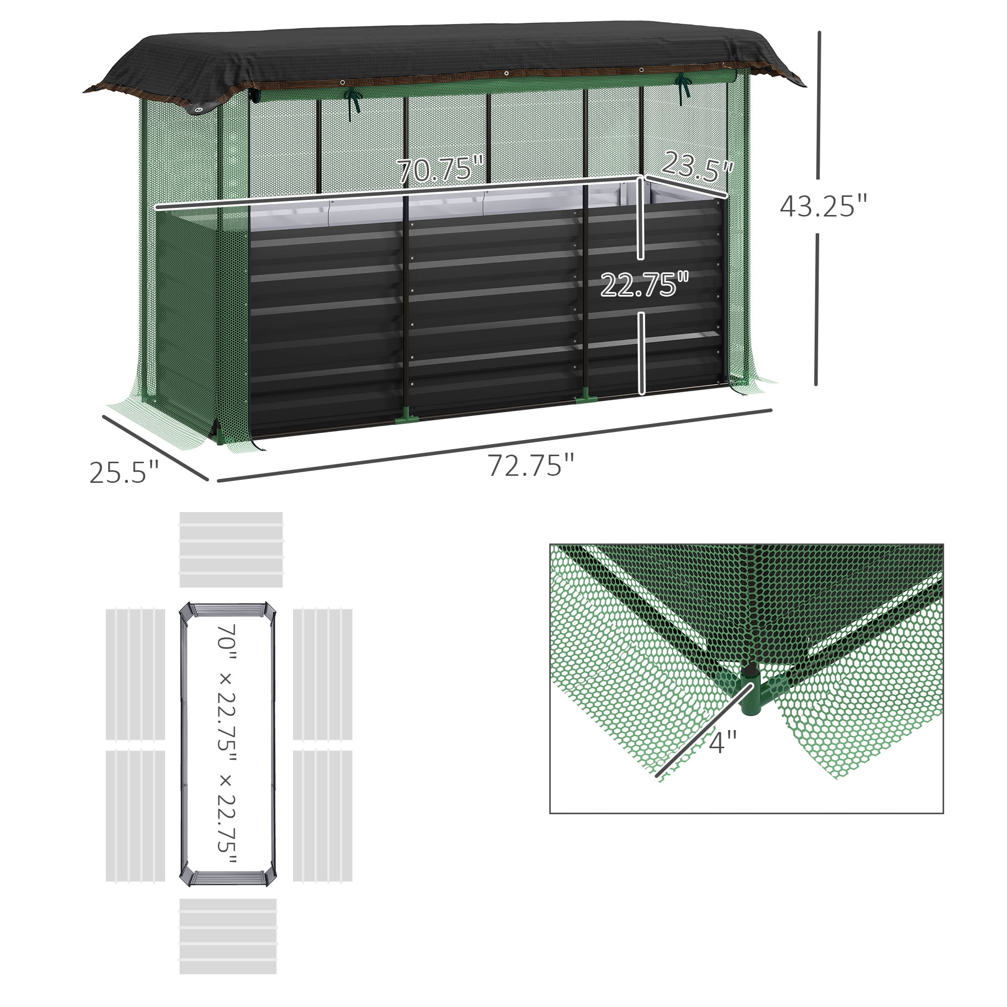 Raised Garden Bed, Galvanized Steel Planter Box with Crop Cage and Shade Cloth, for Flowers, Veggies and Herbs