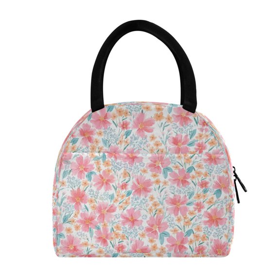 Wobogo Pink Orange Floral Tote Lunch Bag, Insulated Food Storage Bag with Handle, Reusable Carrier for Work School Picnic Travel