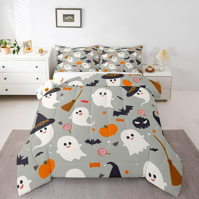 YST Ensemble de Douillette Simple d'Halloween, Literie de Dessin Animé Ghost pour Enfants Garçons Filles, Ensembles de Literie Réversibles Citrouille Orange, Couette Witch Bat Candy avec 1 Taie d'Oreiller Déco de Chambre