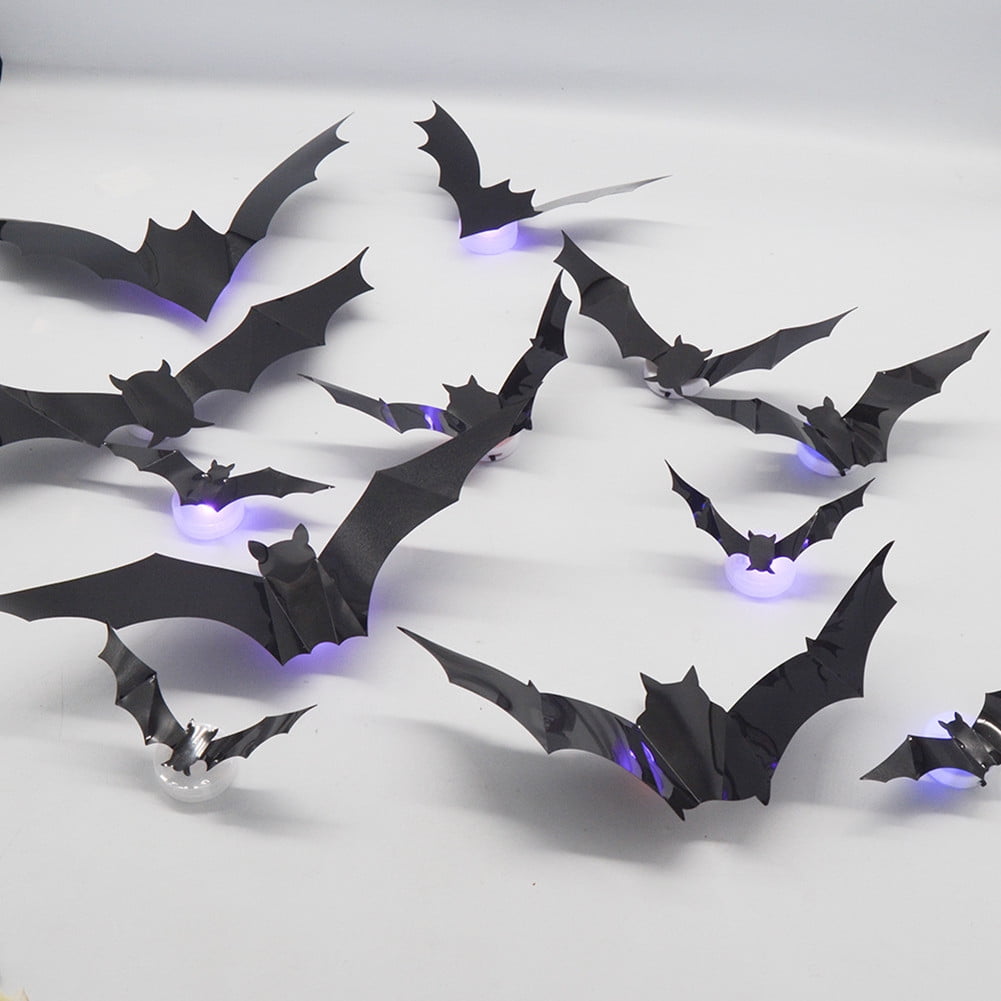 HOBLOC 96 pcs Lighted 3D Bats Stickers, Halloween Wall Decorations, Waterproof Scary Bats Wall Decals DIY Home Window Decor, Removable Bats for Indoor Outdoor