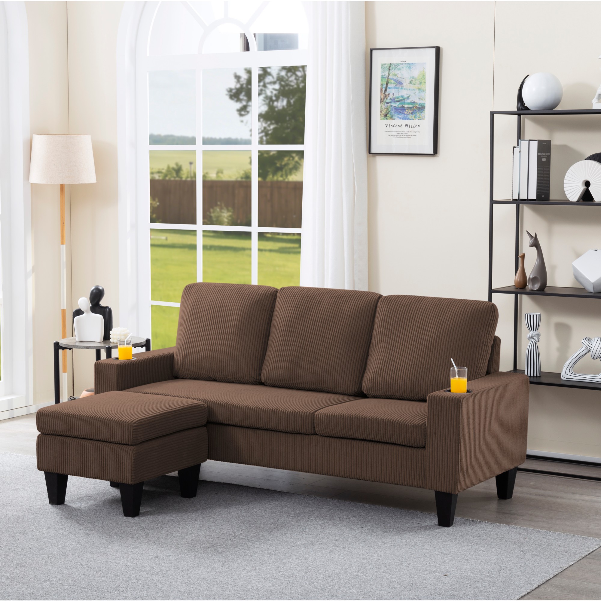 Gewnee Camel 69.88” L-Shaped Sectional Sofa, Corduroy Ottoman & Built-in Cup Holders for Bedroom/Living Room