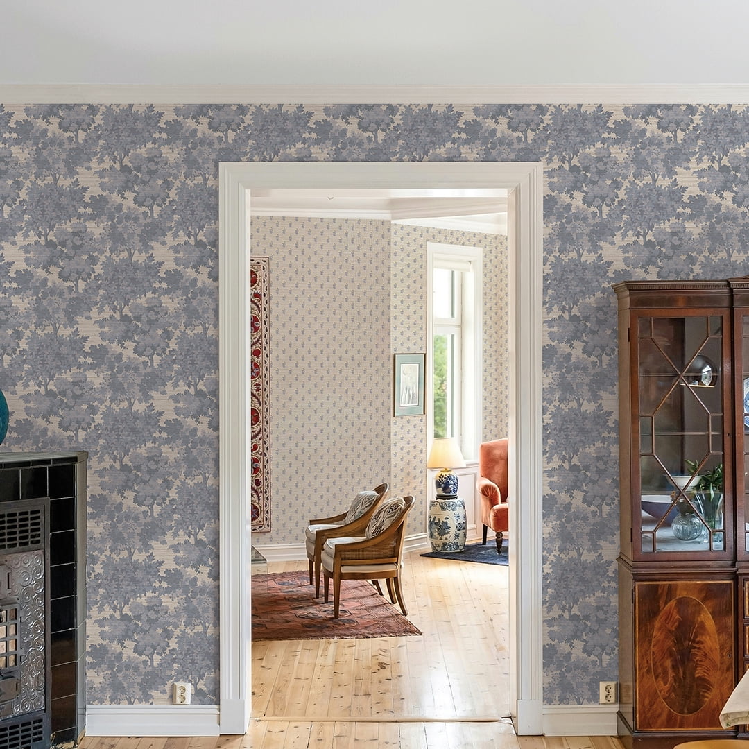 Tempaper Blue Canopy Toile Faux Grasscloth Removable Peel and Stick Wallpaper, 20.5 in X 16.5 ft