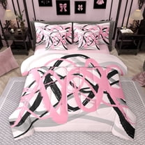 Manfei Greometric Stripe Lines 7-Piece Twin Bedding Sets,Modern Abstract Art Bedding Comforter Set,Pink Black Striped Sheet Sets For Gitls Teens,Breathable Home Decor Reversible