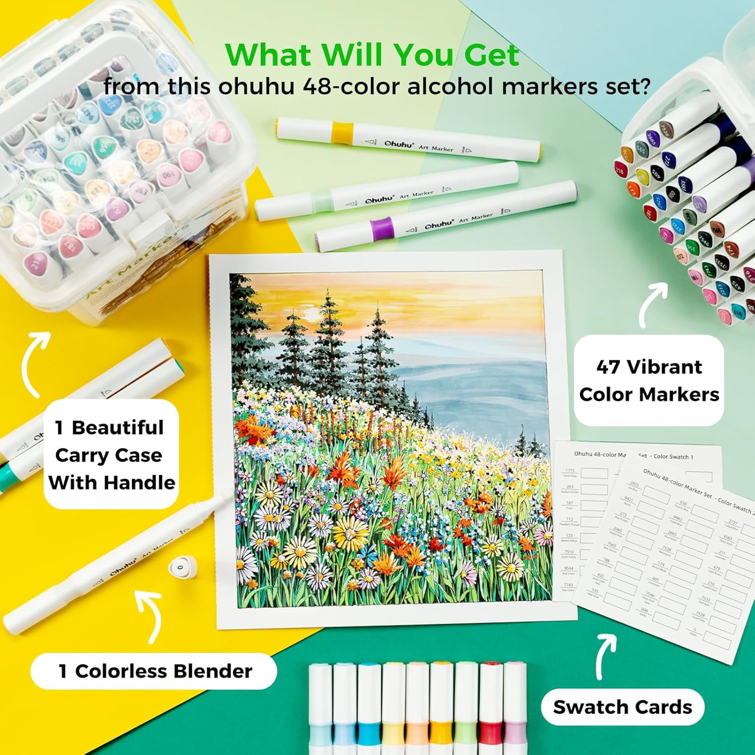 Brush Markers Alcohol Based: Double Tipped Art Sketch Drawing Marker for Artists Adults Beginners Coloring Landscape Architectural Design - Brush& Chisel - 48-color w/Marker Storage Case