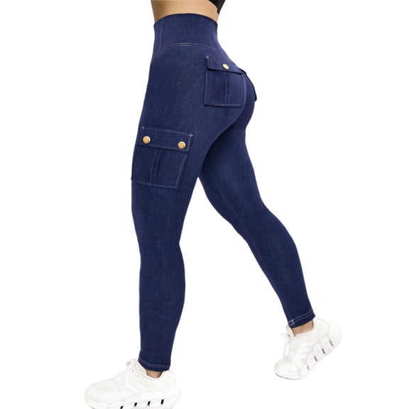ChicMe Leggings for Women Solid Color High Waist Tummy Control Butt Lifting Denim Look Stretchy Womens Yoga Pants with Flap Pockets Blue-L