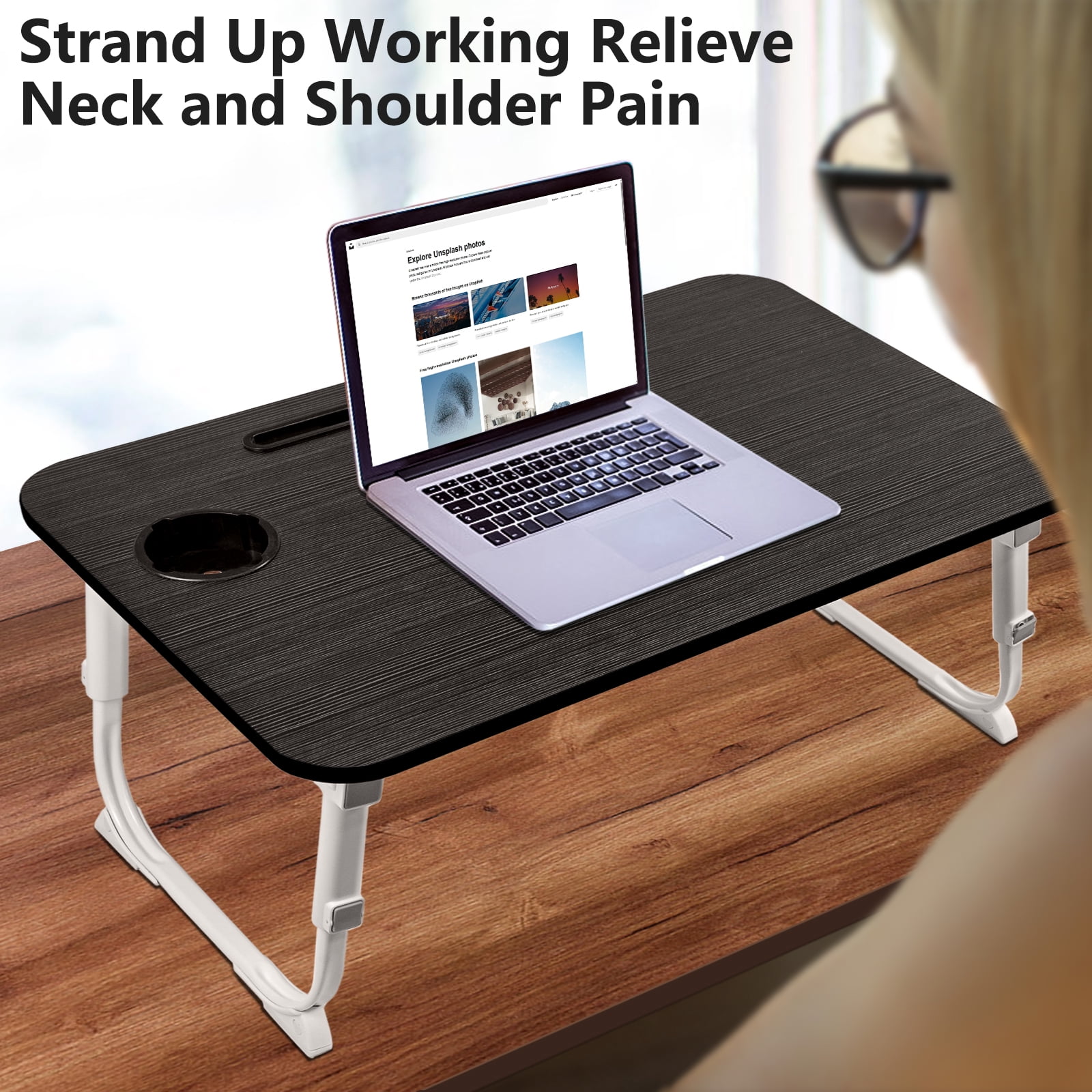 Yoneston Folding Laptop Bed Table, 23.6inch Portable Bed Tray Height Adjustable Laptop Desk with iPad Slots, Drawer and Cup Holder for Working Reading Writing, Eating, Watching-Black