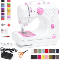 WYDK Compact Sewing Machine, 42-Piece Beginners Kit, Multifunctional Portable 6V Beginner Sewing Machine w/ 12 Stitch Patterns, Light, Foot Pedal, Storage Drawer - Pink/White