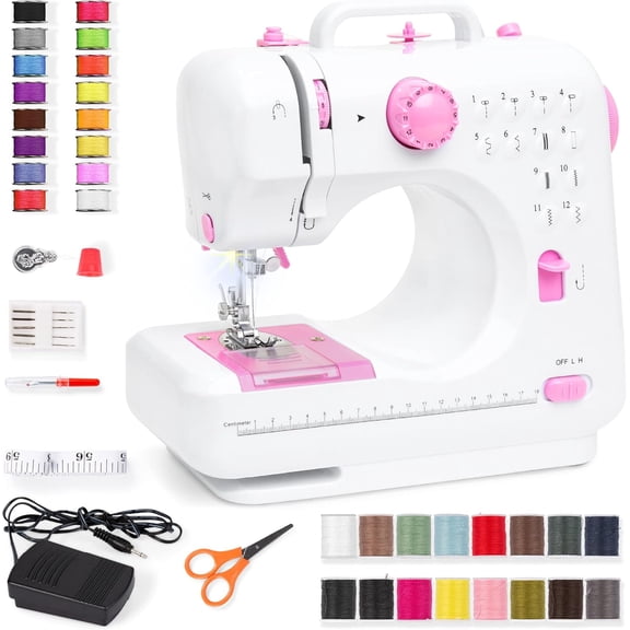 WYDK Compact Sewing Machine, 42-Piece Beginners Kit, Multifunctional Portable 6V Beginner Sewing Machine w/ 12 Stitch Patterns, Light, Foot Pedal, Storage Drawer - Pink/White