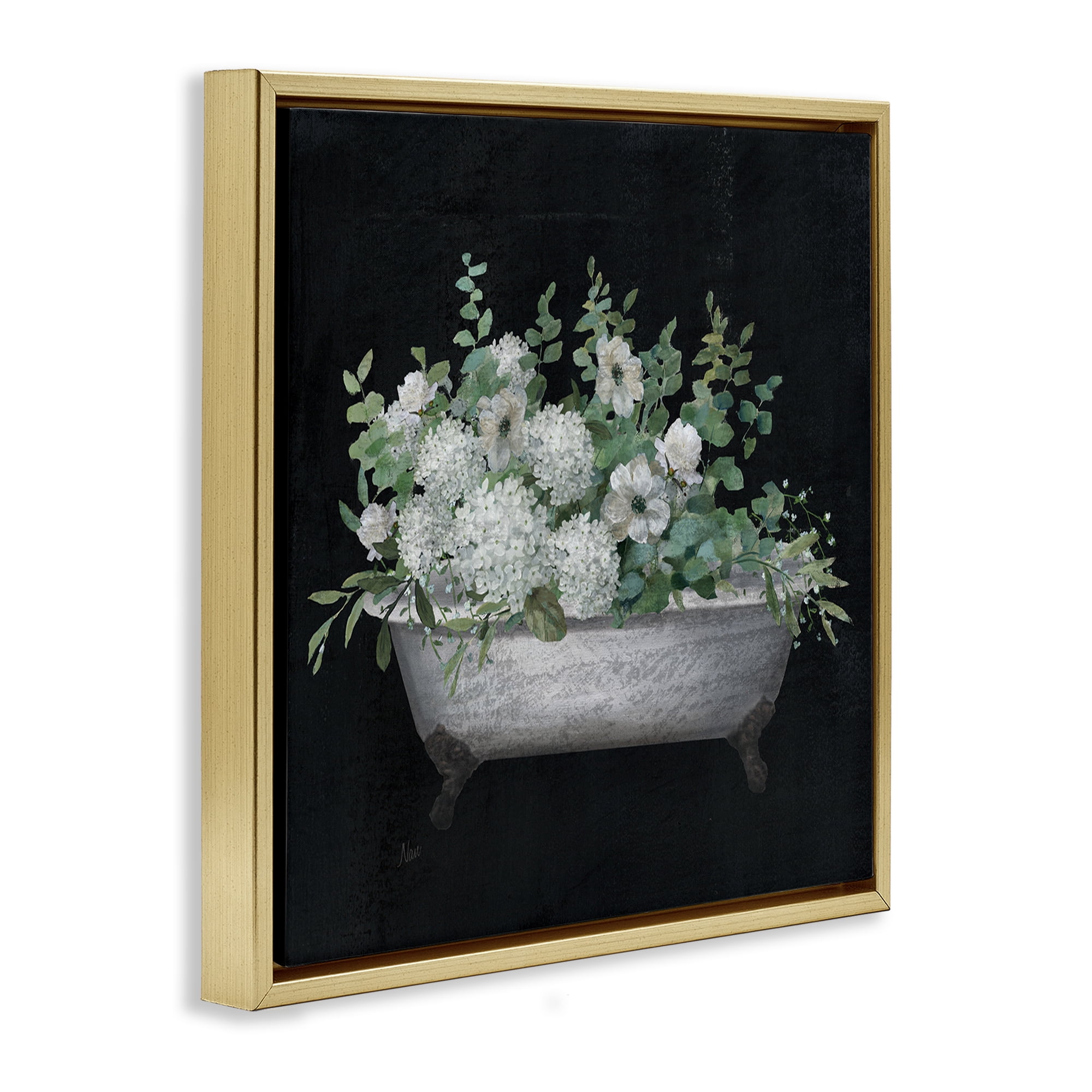 Stupell Industries Floral Bath on Black Typography Painting Gold Floater Framed Canvas Art Print Wall Art, 25 x 25
