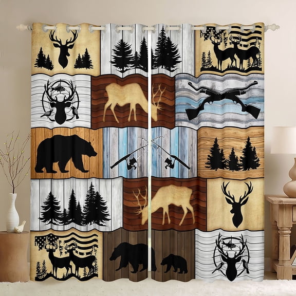 Feelyou Rustic Wood Plank Cabin Black Out Curtains for Men Boys, Forest Deer Bear Animal Curtains Pack of 2 (42x63 Each), Brown