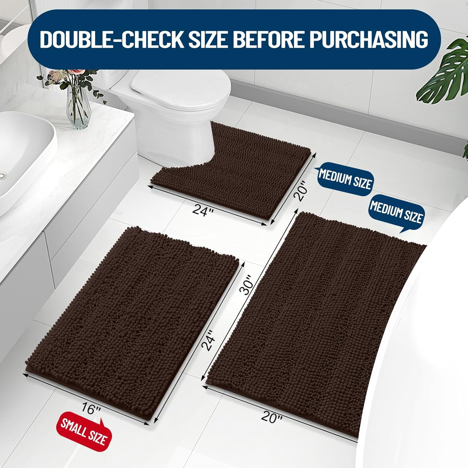 Chenille Striped Bathroom Rugs 24x16, Extra Thick and Absorbent Bath Rugs, Non-Slip Soft Plush Shaggy Bath Carpet, Machine Wash Dry, Bath Mats for Bathroom, Brown