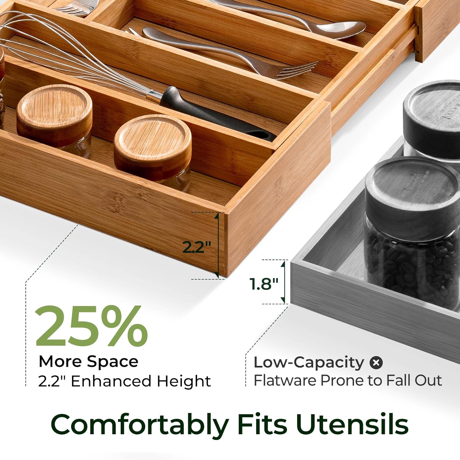 Carbonized Bamboo Kitchen Drawer Organizer, 10 Slots Expandable , Utensil Holder & Cutlery Tray, 2.2" Deep for Extra Capacity, Non-Slip Feet Included