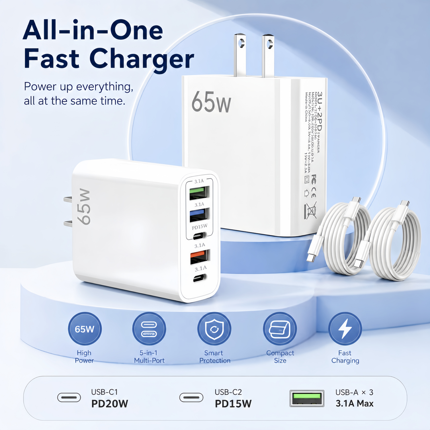 QINIUXO 65W USB-C Wall Charger with 2 Cables, White photo 8