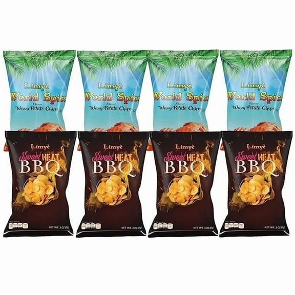 Limyè Potato Chips, World Spice Flavor and Sweet Heat BBQ, Kosher, Allergen Free, Vegan, 8 Pack, 3 Oz