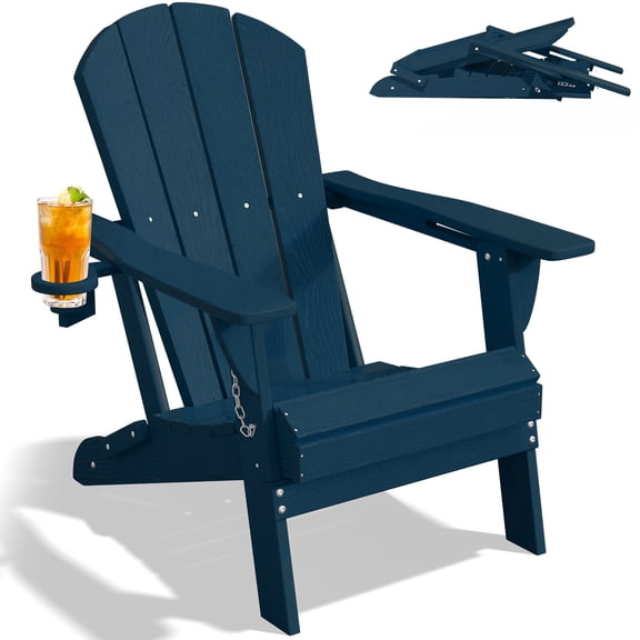 Easthome Adirondack Chair, HDPE All-Weather Outdoor Patio Lounge Chair with Cup Holder & 380lb Capacity for Deck, Garden, Poolside, Backyard - Navy