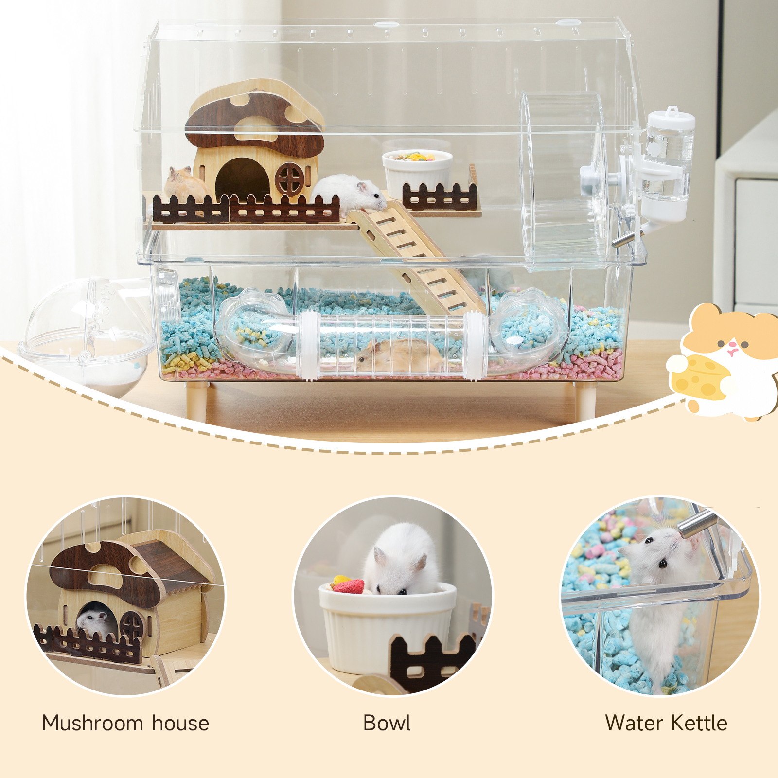 Hamster Cage 8 in 1 with All Accessories, Acrylic Hamster Cages with Full Transparent Viewing, Excellent Ventilation, Castle Habitat, Dwarf Hamster Cage Suitable for Gerbil, Mice, Other Small Animals