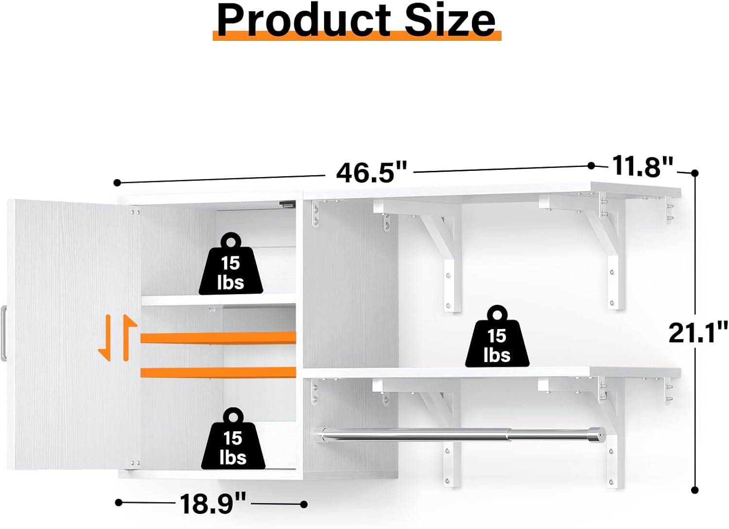 Homieasy Wall Cabinet with 2 Storage Shelf Towers, 46'' Wide Wall Organizer Cabinet with Door & Hanging Rod, Reversible, Small Wall Mounted Cabinet for Laundry, Bedroom, Closet, Garage, White