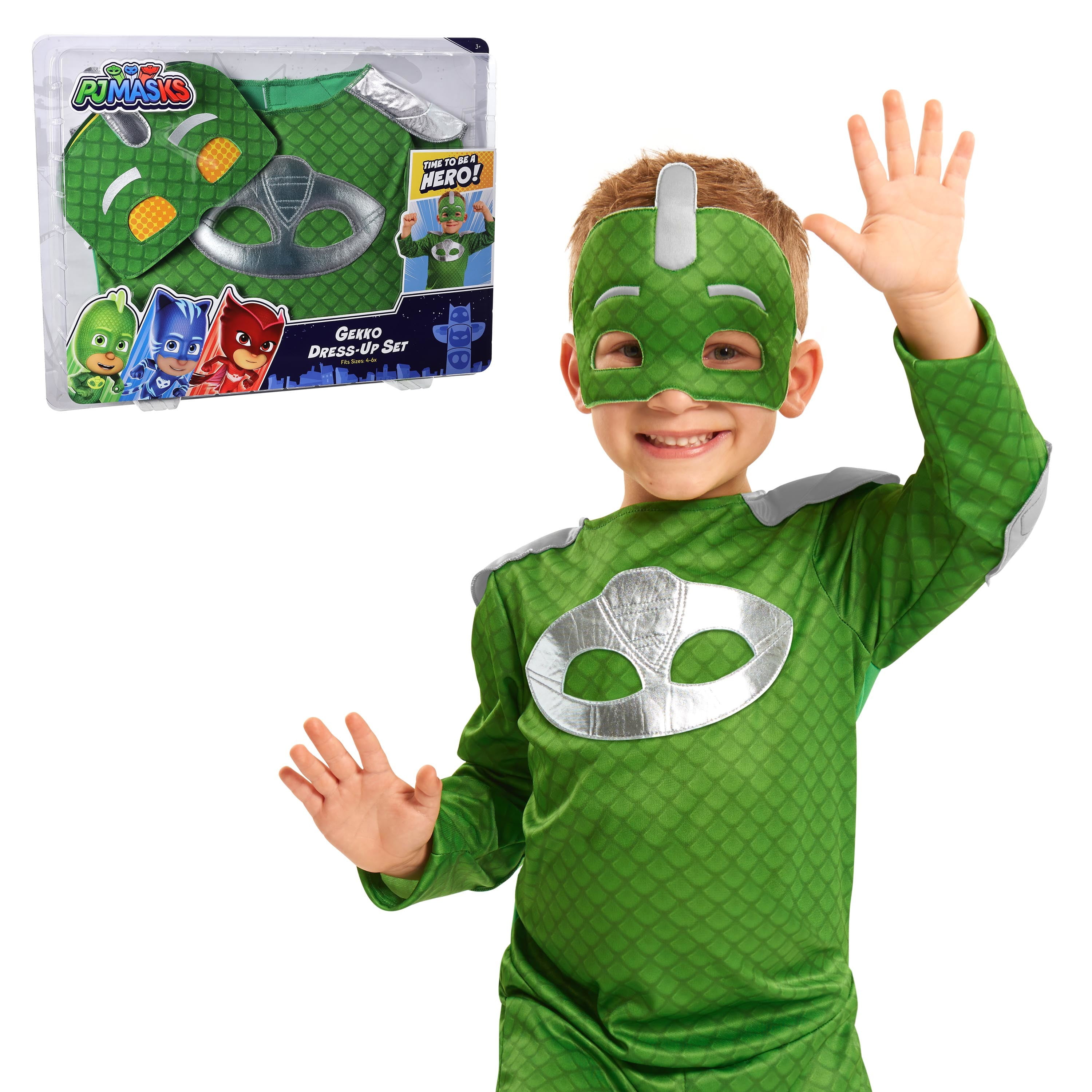 PJ Masks Turbo Blast Gekko Dress Up Set with Soft Mask, Size 4-6X, Kids Pretend Play Costumes, Green, Kids Toys for Ages 3 up