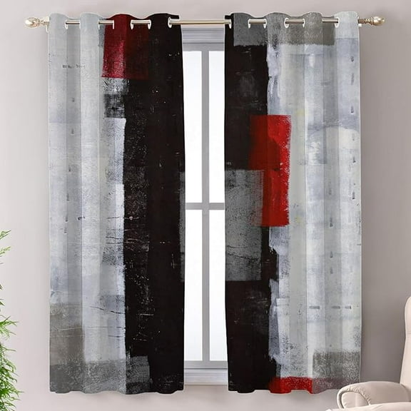 Grey Modern Modern Art Blackout Window Curtains, Red Art Plaid Thermal Insulated Curtains Grommet Top Window Drapes For Living Room, Bedroom 26"W x 63"L (Pack of 2)