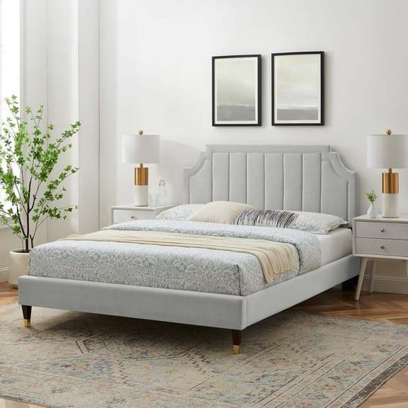 Modway Sienna Performance Velvet Queen Platform Bed in Light Gray