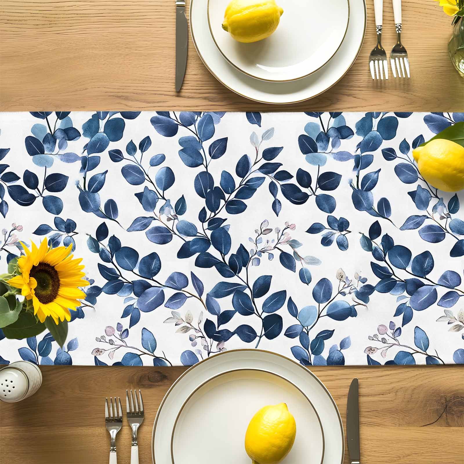 Pastoral Eucalyptus Leaves Table Runner 90 Inches Long, Navy Blue Botanical On White Table Runners Tabletop Scarf Kitchen Dining Tables Decoration for Home Party Indoor Outdoor