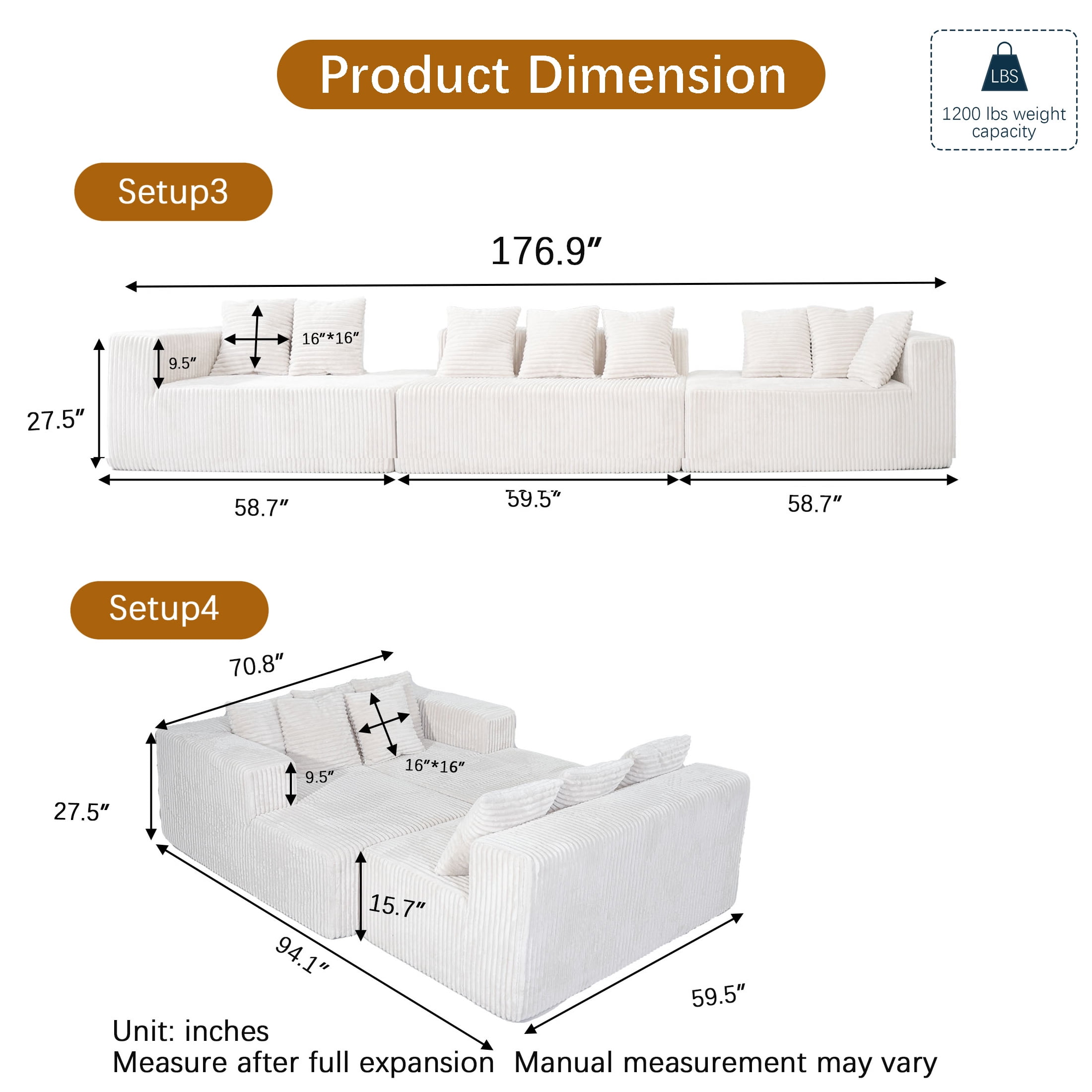 SEENYOO 130" Boneless Couch, Modern Couches for Living Room, U-Shaped 4-Seat Modular Sofa with Chaise, Oversized, No Assembly, White
