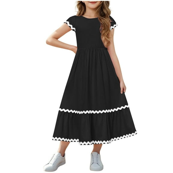 Fesfesfes Girls'Summer Solid Color Short Sleeve Crew Neck Elastic Waistband Dress with Pockets Casual Comfortable Cotton Blend Dress for Kids(Black,5-6 Years)