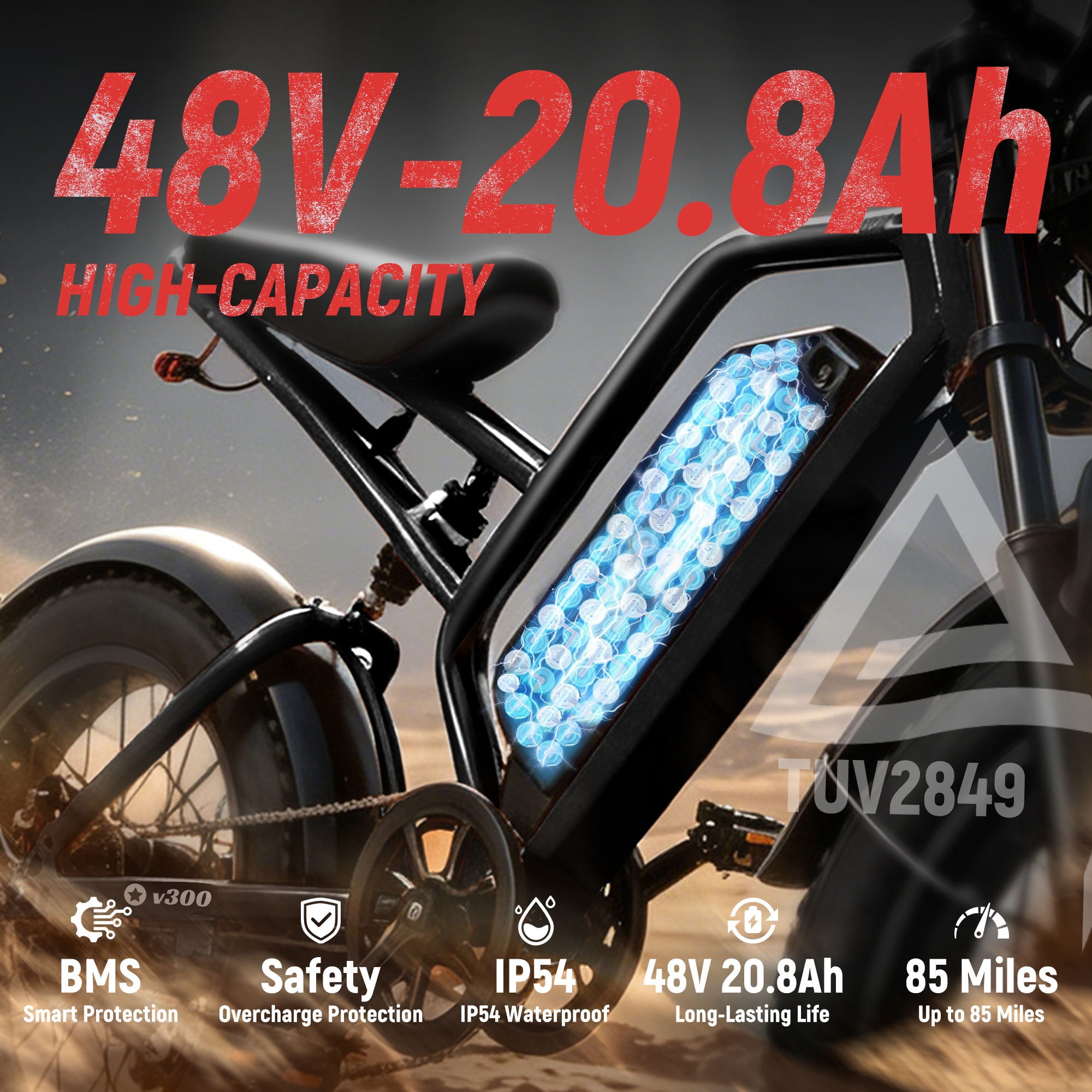 ESKUTE V300 Electric Bike for Adults & Teens, 749W Motor, 19MPH Max Speed, 48V 20.8Ah Removable Battery, 20" x 4.0" Fat Tires, 7-Speed, NFC Unlock Black, UL2849